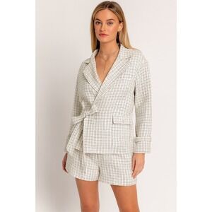 LE LIS COLLECTION Women's Tweed Blazer Jacket White Black Plaid Belted Size M